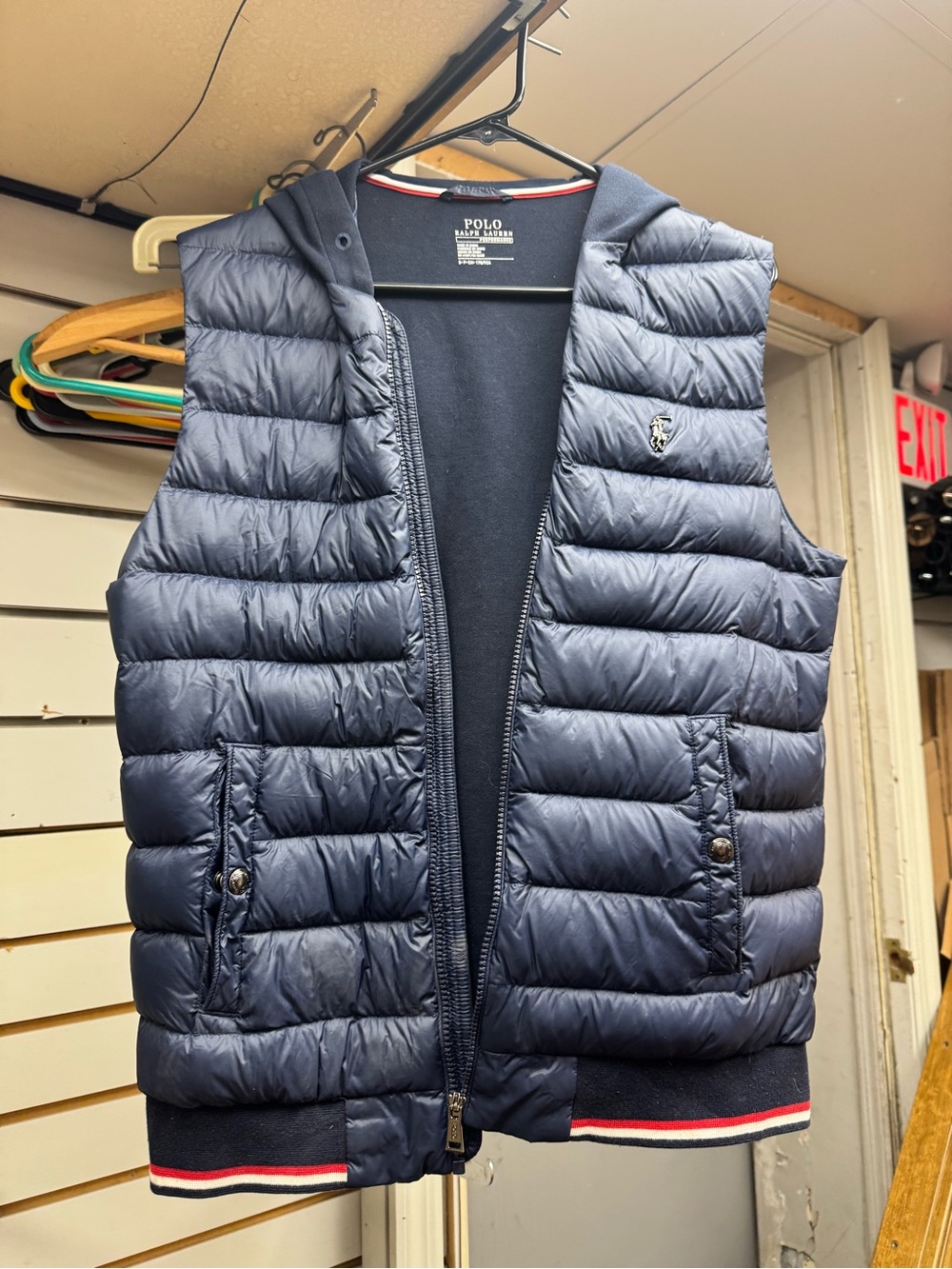 Polo by Ralph Lauren Navy Quilted Hooded Puffer Vest with Red & White Trim